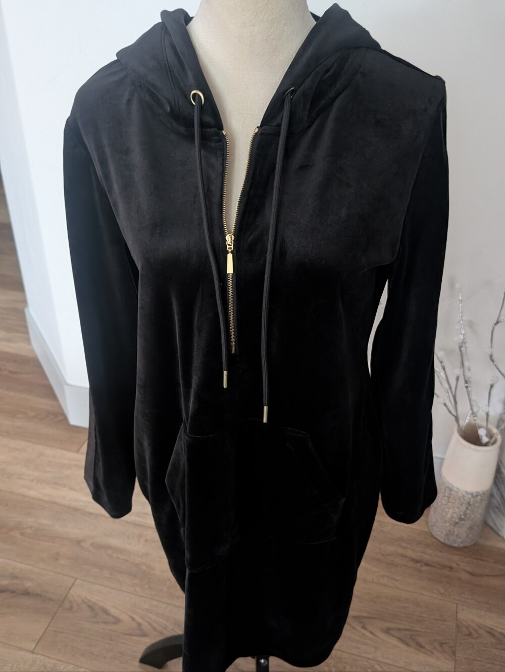 Women's Black Velvet Half-Zip Hoodie Dress - Brand